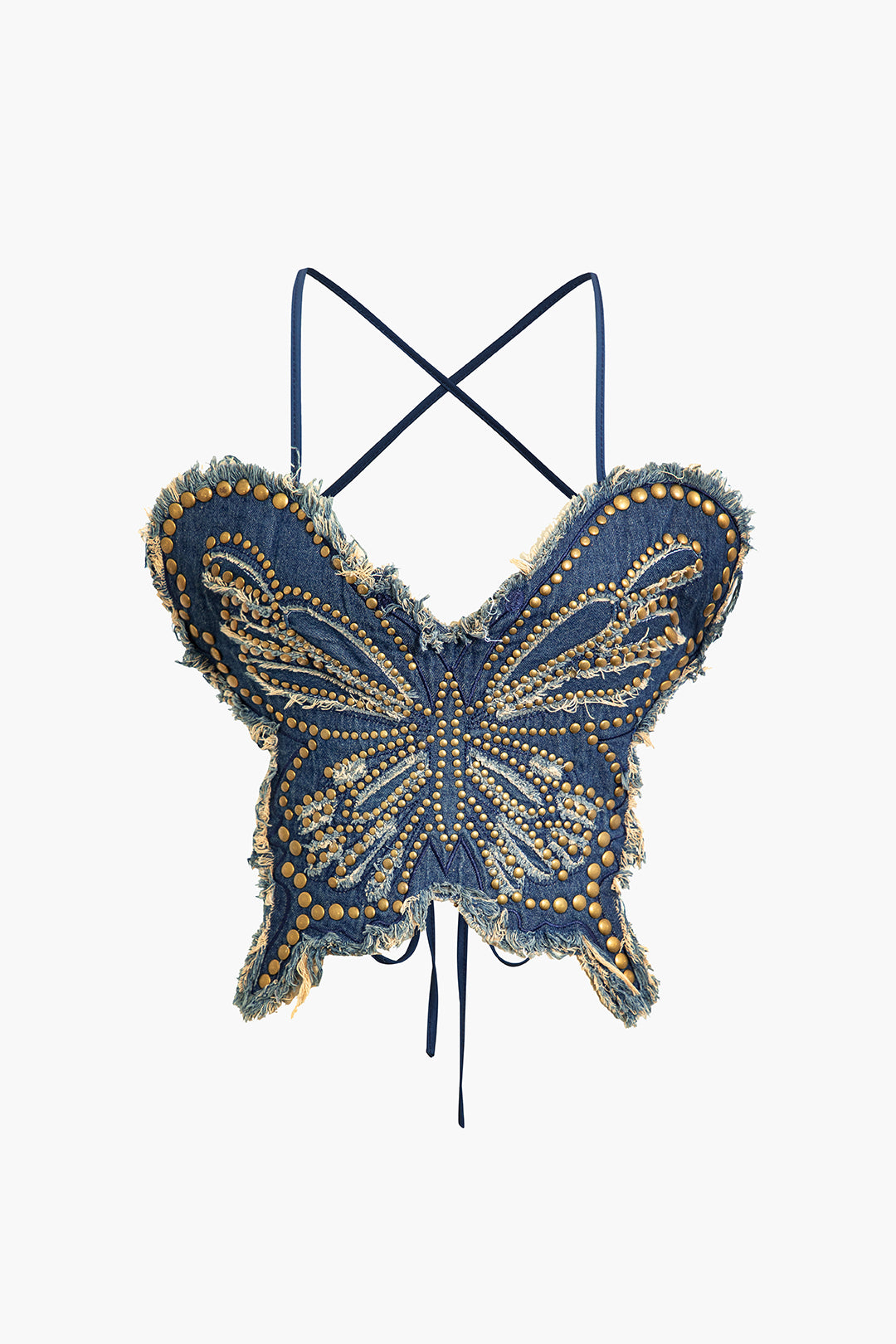 Embellished Butterfly Denim Backless Halter Cami Top