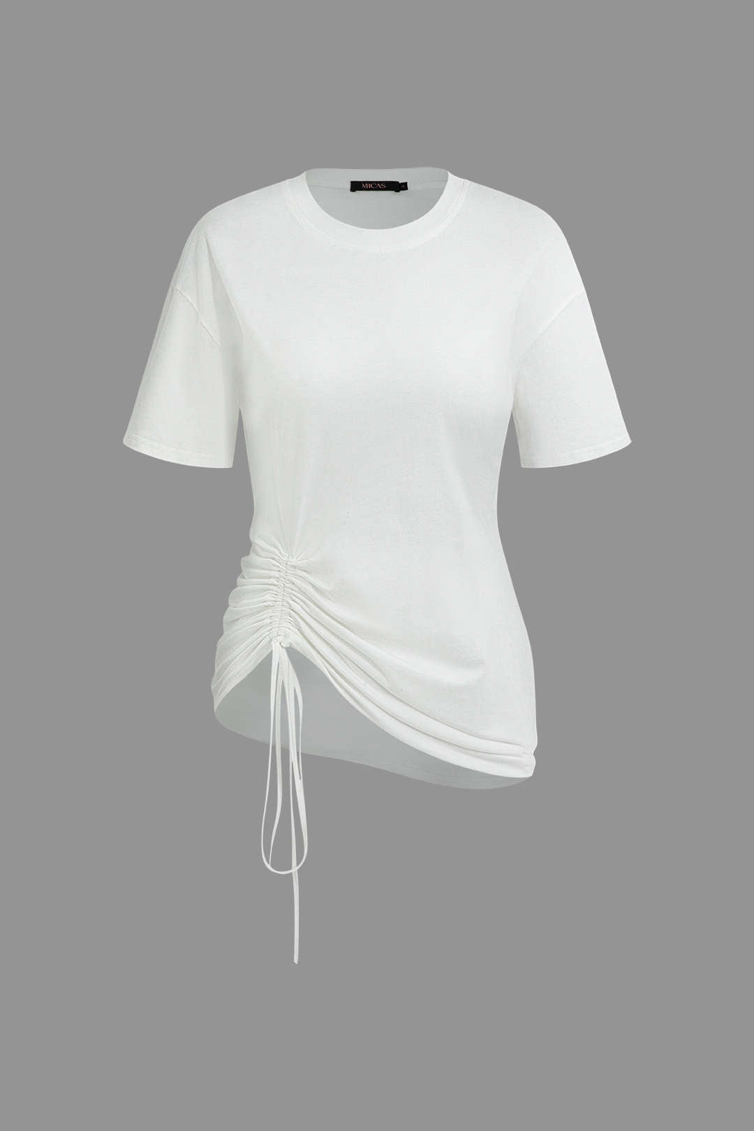 Asymmetrical Ruched Tie Round Neck T-shirt