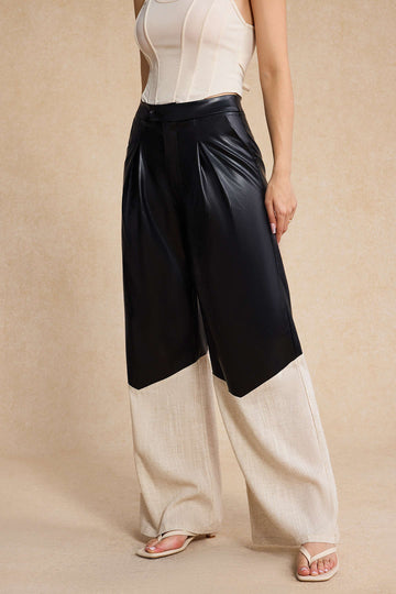 Faux Leather Linen High Waist Patchwork Trousers