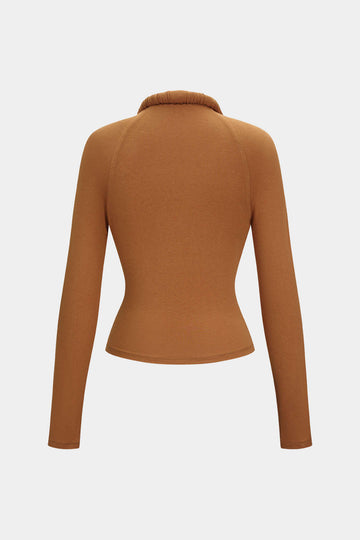 Ruched Draped Cowl Neck Long-Sleeve Top