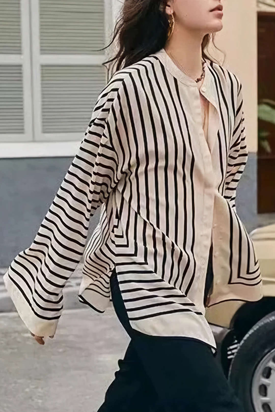 Stripe Print Satin Long-Sleeve Shirt