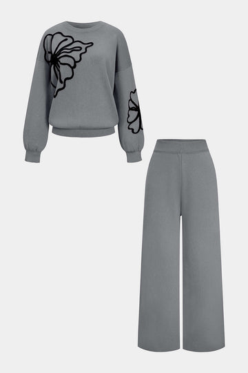 Knit Round Neck Embroidery Long-Sleeve Top And Wide Leg Pants Set
