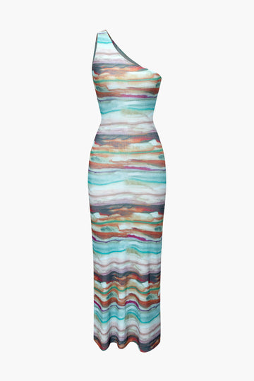 Abstract Print One Shoulder Maxi Dress