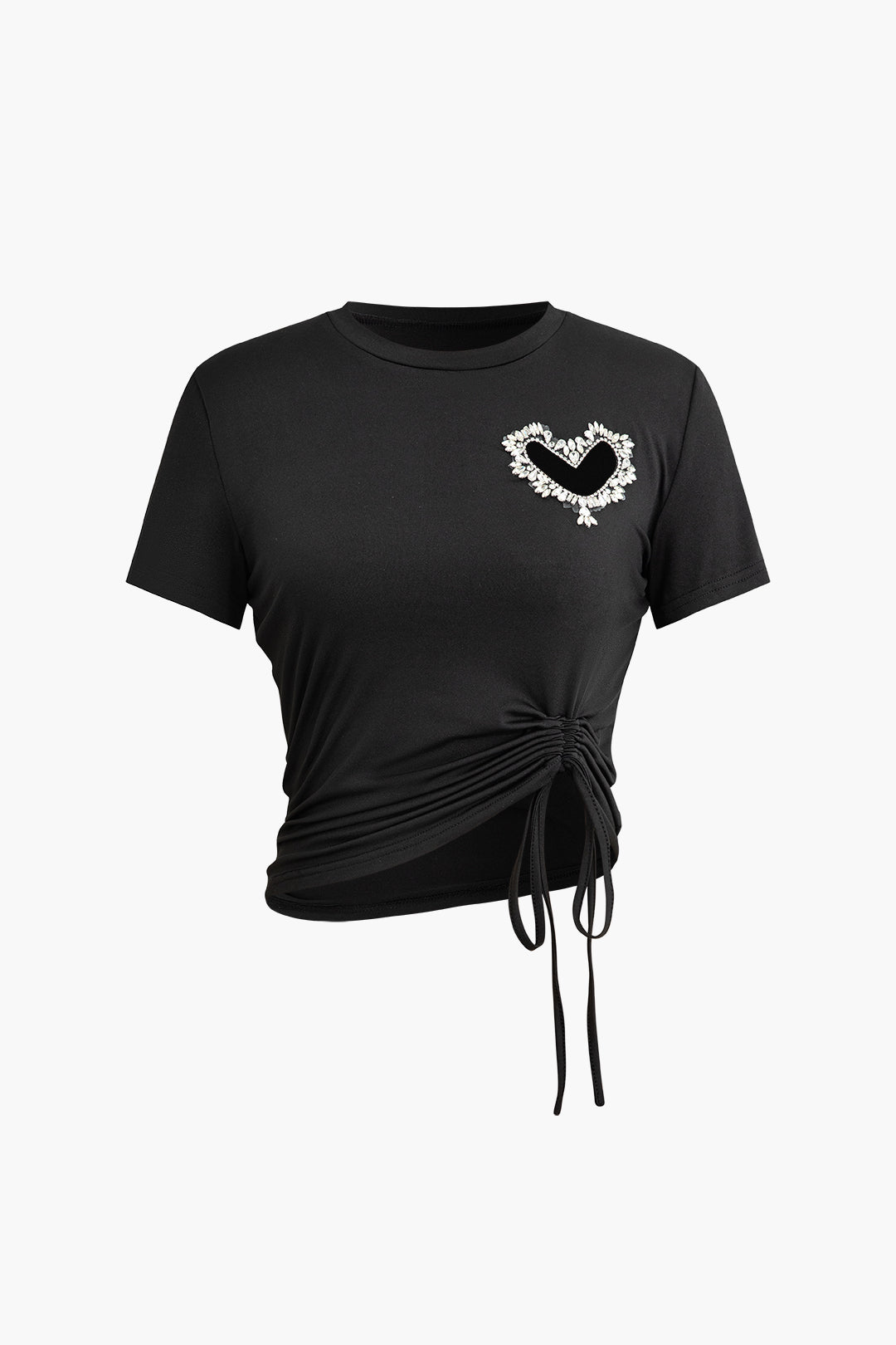 Heart Rhinestone Hollow Out Drawstring Ruched T-shirt