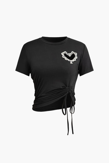 Heart Rhinestone Hollow Out Drawstring Ruched T-shirt