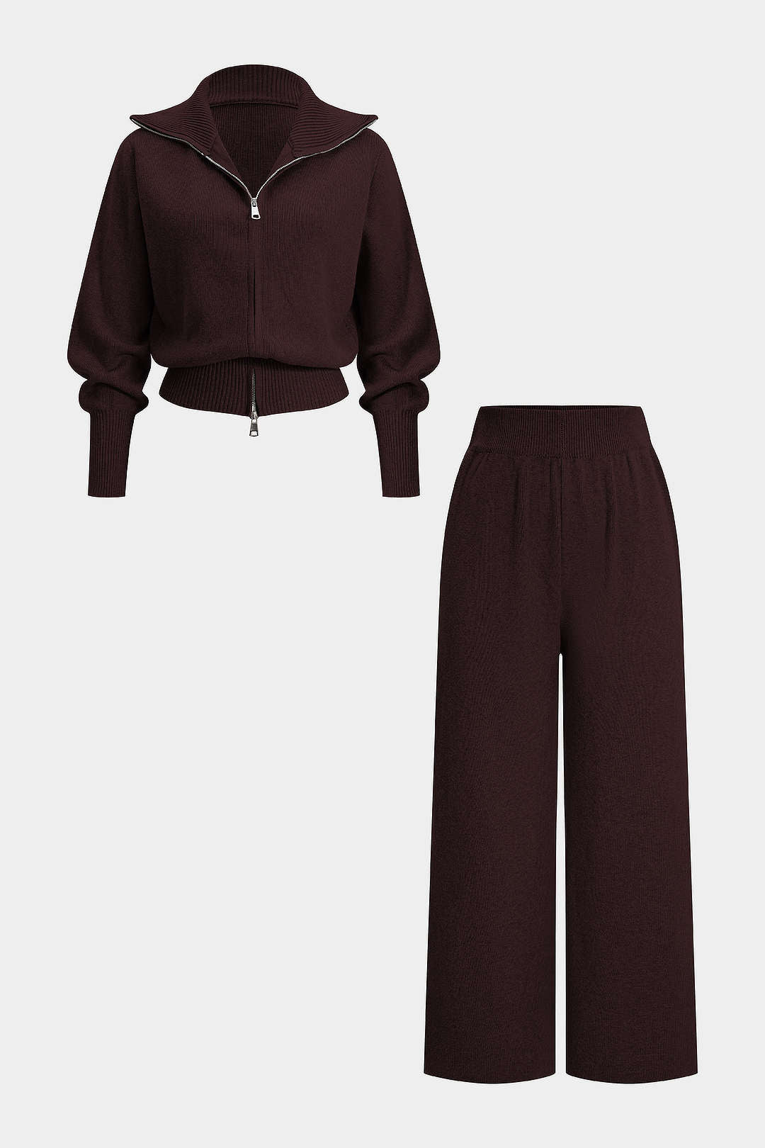 Knit Zipper Long-Sleeve Hoodie And Shirred Waistband Zipper Wide Leg Pants Set