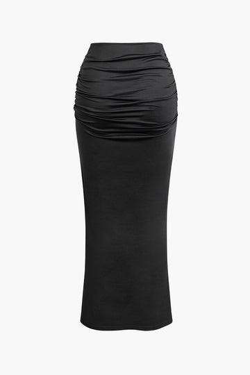 Asymmetrical Ruched Top And V-Waist Maxi Skirt Set