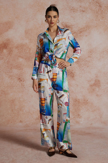 Artistic Print Wide Leg Trousers