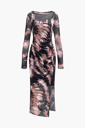 Abstract Print Mesh Long Sleeve Slit Dress With Lining