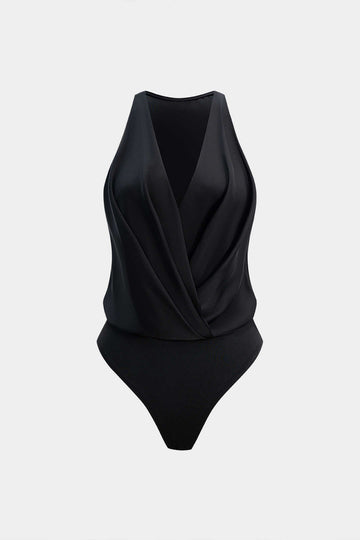 Satin Ruched Crossed Sleeveless Bodysuit