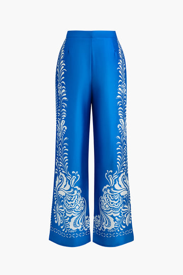 Leaves Print Satin Trousers