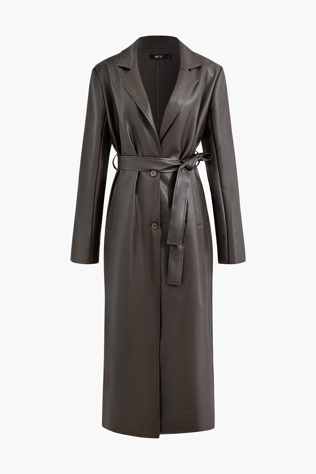 Faux Leather Notched Lapel Belted Trench Coat