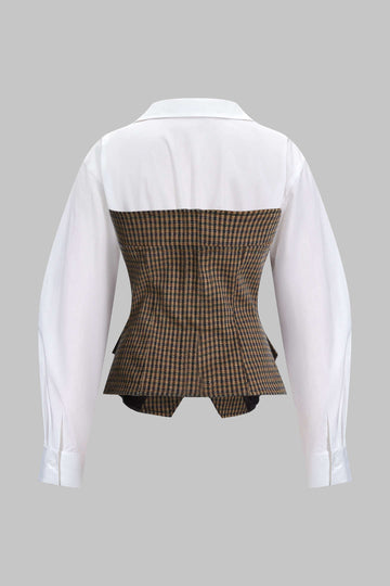 Plaid Print Irregular Button Zipper Long-Sleeved Top