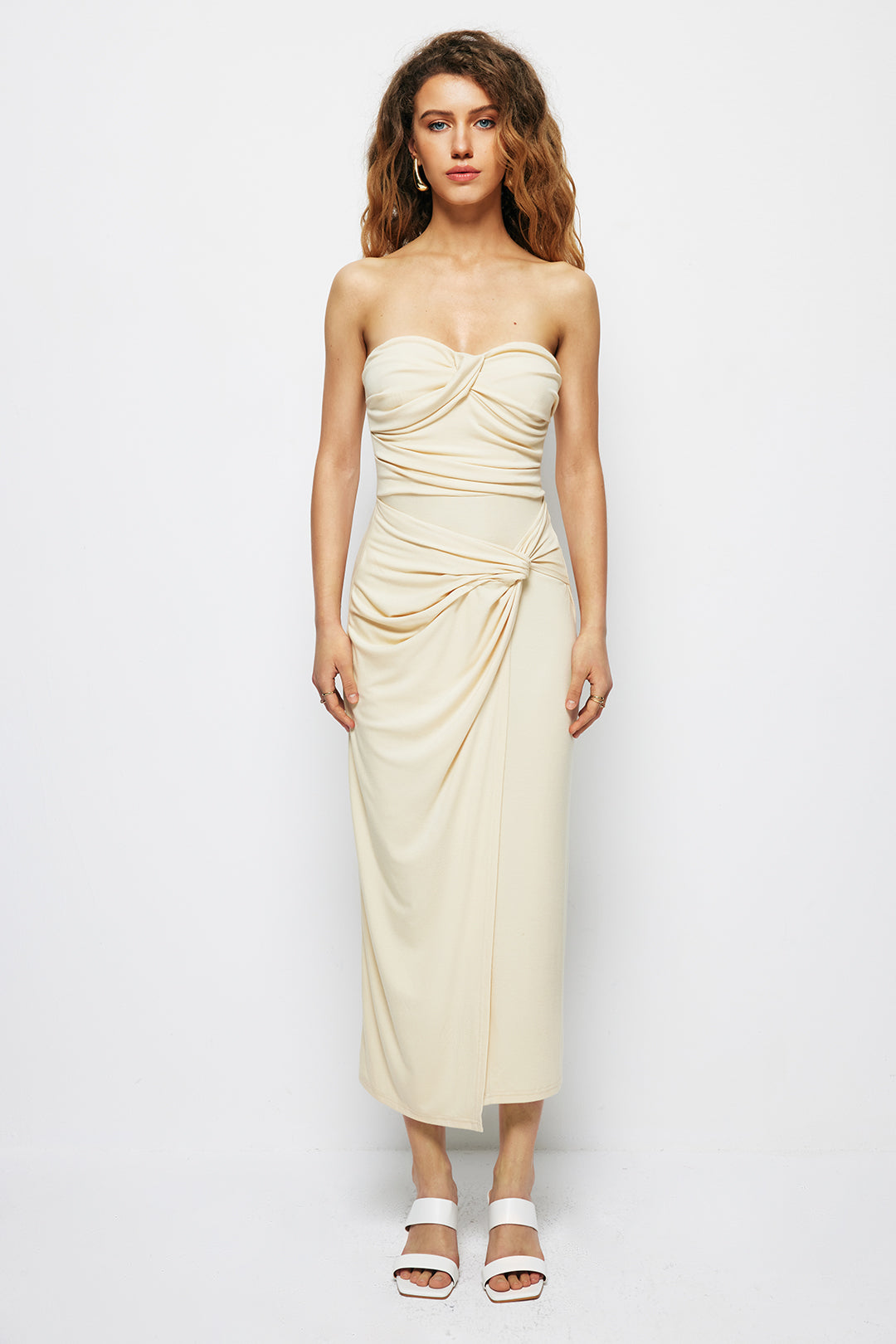 Solid Ruched Strapless Midi Dress