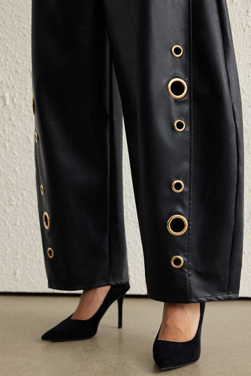 Faux Leather Metallic Zipper Hollow Out Ring Trousers