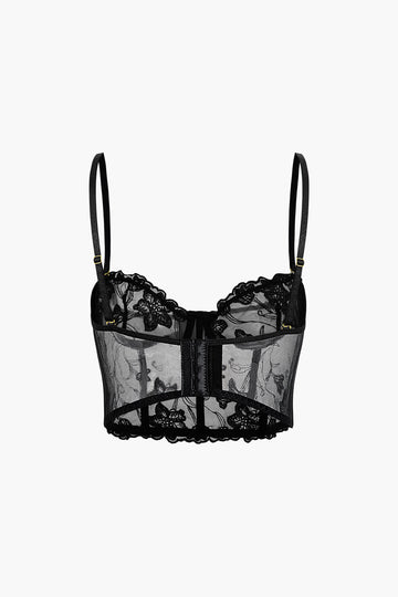 Floral Embroidery Sheer Cami Top And Panties Set