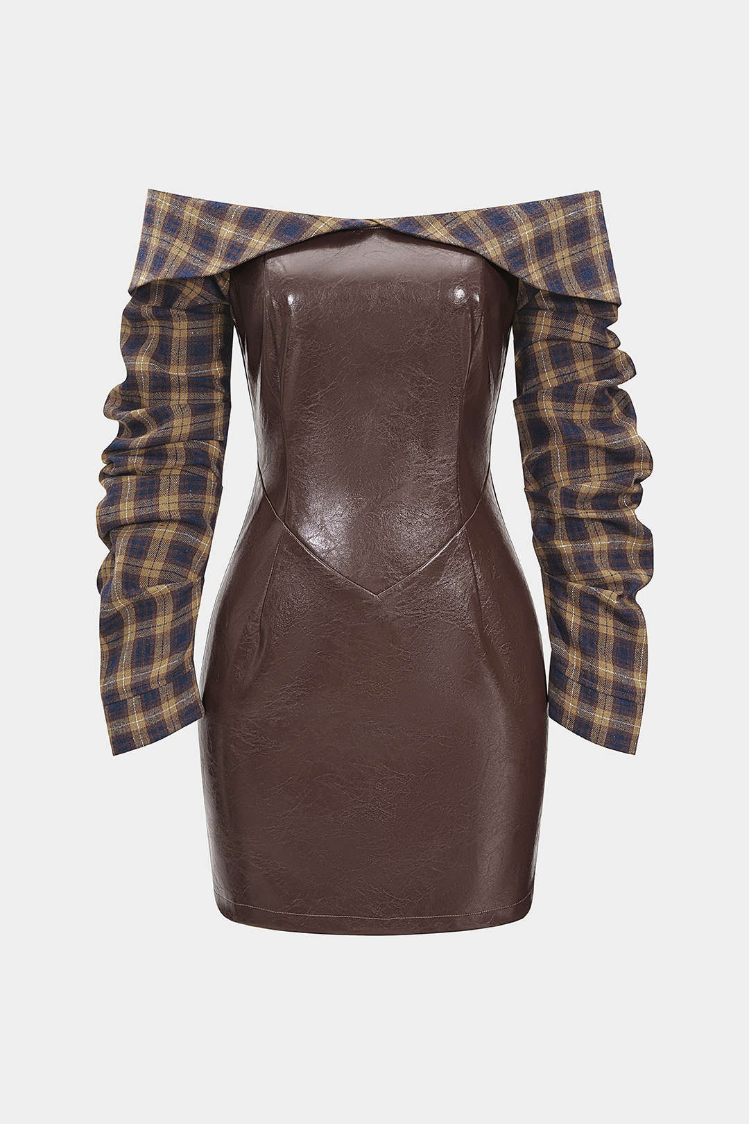 Faux Leather Patchwork Plaid Print Off Shoulder Zipper Long Sleeve Mini Dress