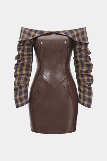 Faux Leather Patchwork Plaid Print Off Shoulder Zipper Long Sleeve Min Micas Faux Leather Patchwork Plaid Print Off Shoulder Zipper Long Sleeve Min Micas
