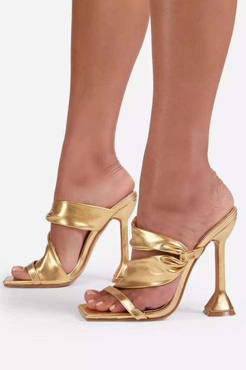 Metallic Ruched Square-toe High Heels Sandals