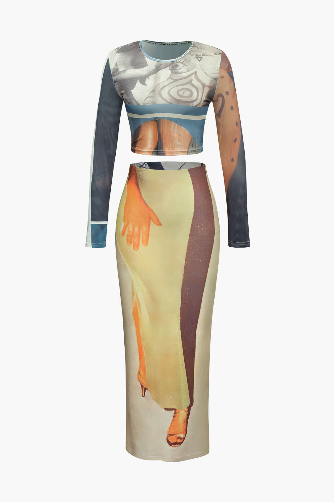 Body Print Long Sleeve Top and Maxi Skirt Set