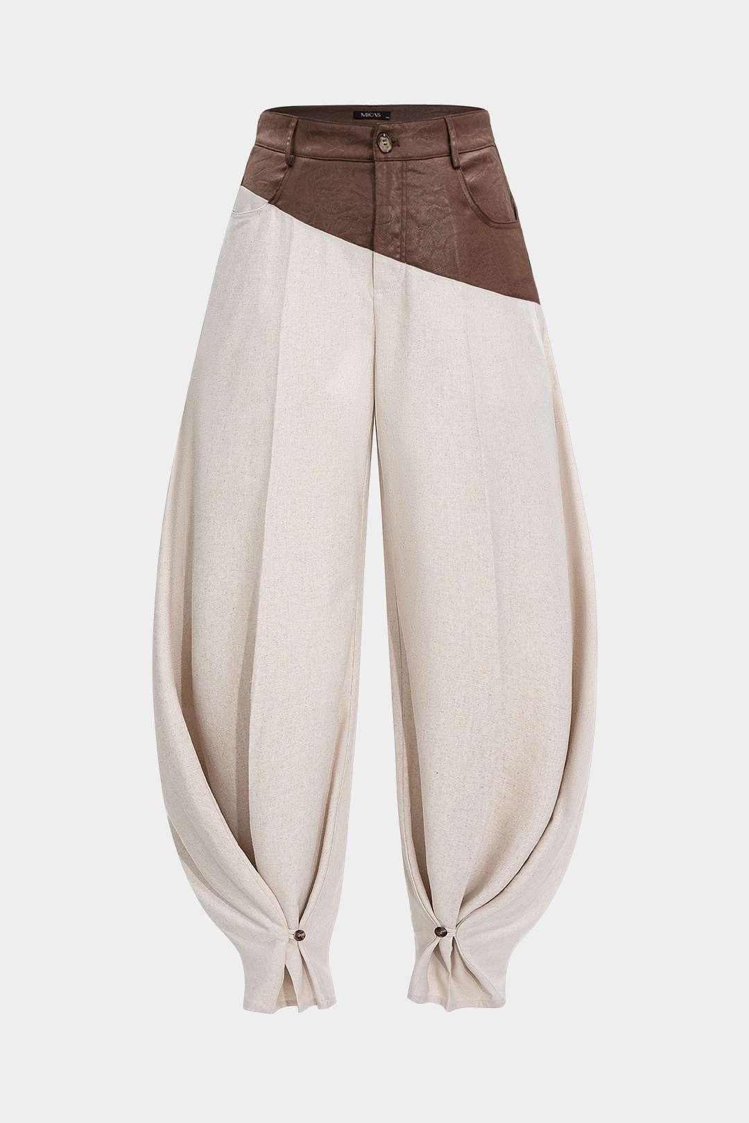 Faux Leather Ruched Patchwork Barrel Trousers