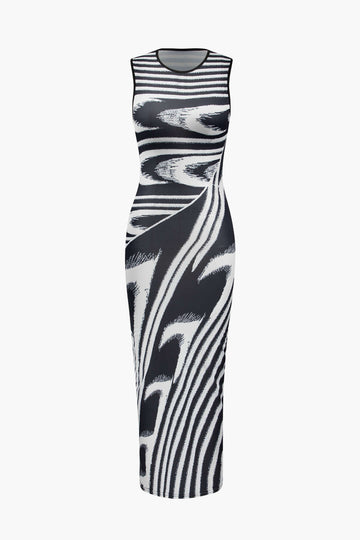 Abstract Print Sleeveless Round-Neck Maxi Dress