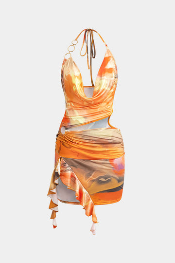 Abstrakt Print Halter Cowl Neck Slid Mini Kjole