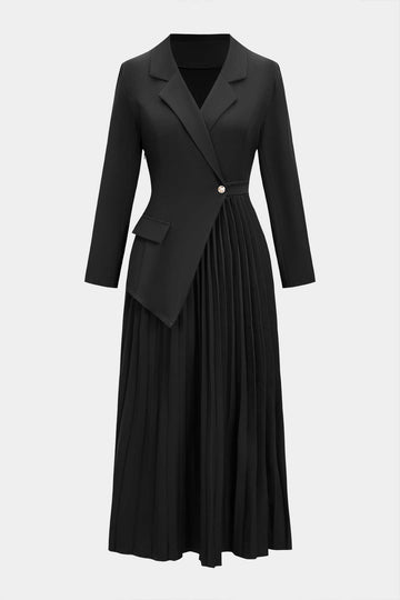 Notched Lapel Pleated Asymmetrical Long-Sleeve Maxi Dress