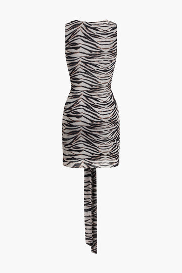 Zebra Print Cut Out Tie Mesh Tank Mini Dress