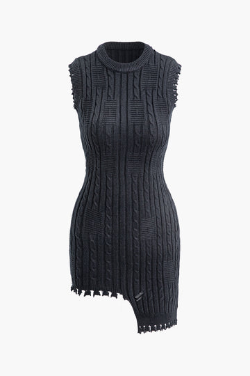 Asymmetrical Round Neck Short Sleeve Cable Knit Mini Dress