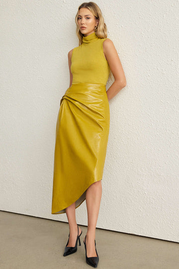 Faux Leather Patchwork High Neck Pleated Sleeveless Maxi Dress