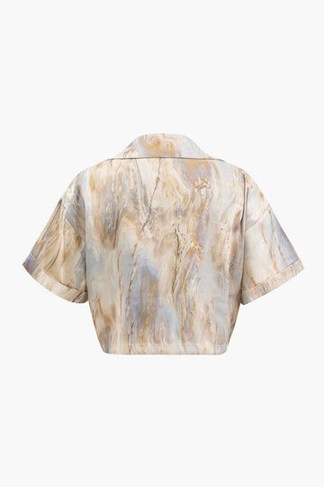 Marble Print Twist Hem Crop Shirt