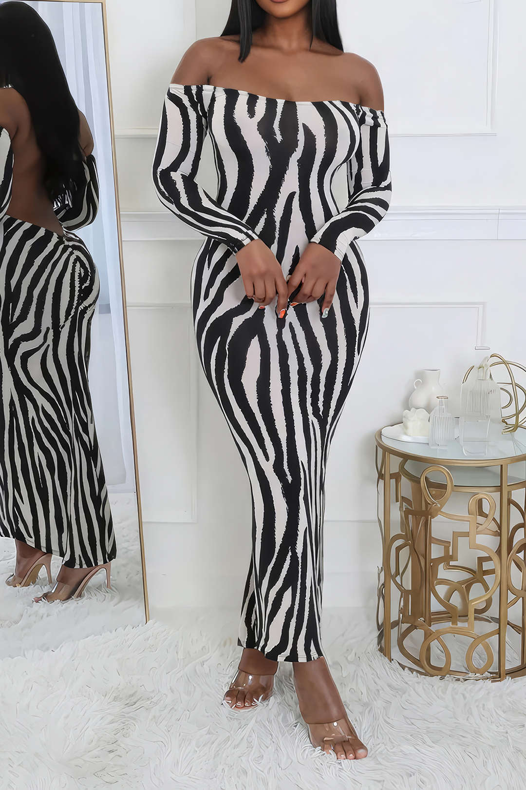 Zebra Stripe Print Off Shoulder Maxi Dress