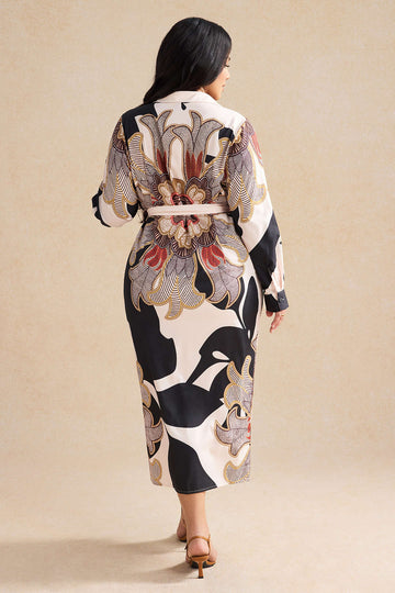 Plus Size Baroque Print Long Sleeve Tie Up Ruched Midi Dress