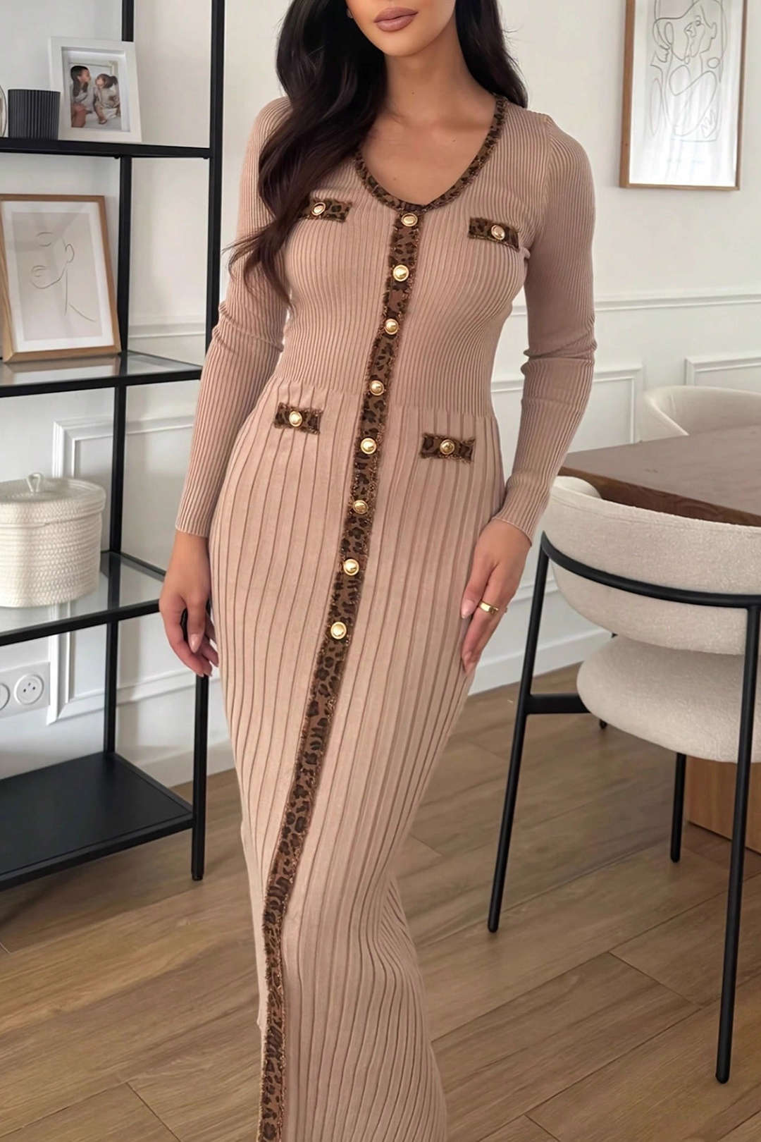 Knit Contrast Leopard Print Long Sleeve Dress