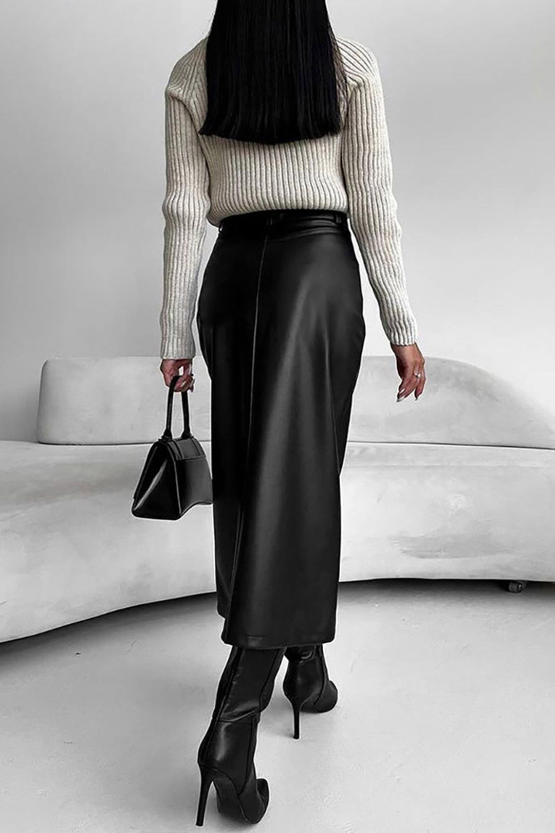 Faux Leather Slit Front Midi Skirt