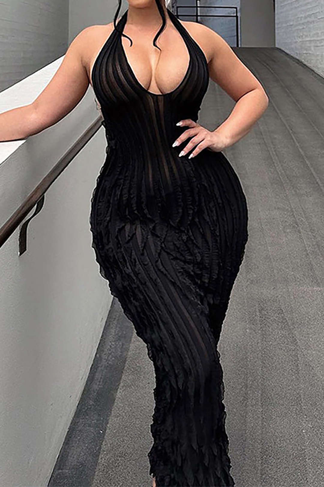 Sheer Ruffle Texture Halter Backless Maxi Dress Micas Sheer Ruffle Texture Halter Backless Maxi Dress Micas
