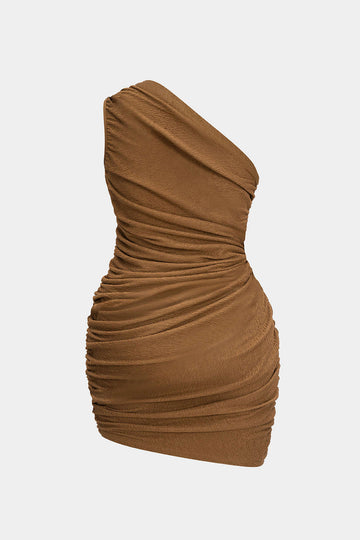 Plus Size Ruched One Shoulder Twist Knot Sleeveless Mini Dress