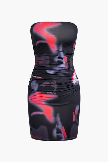 Abstract Print Ruched Strapless Mini Dress