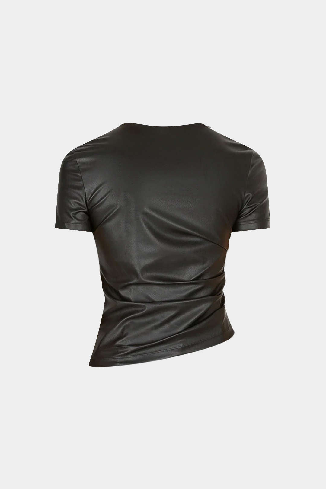 Faux Leather Round Neck Ruched Short-Sleeve Top