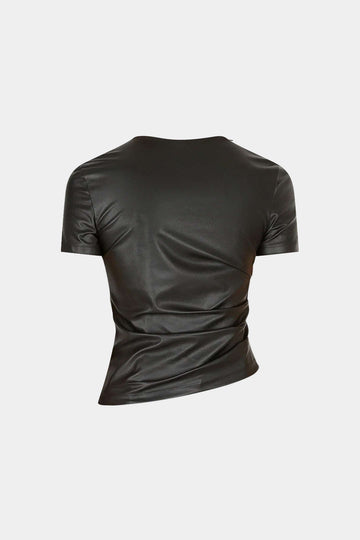 Faux Leather Round Neck Ruched Short-Sleeve Top