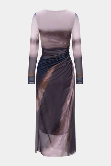 Tie-Dye Print Mesh Ruched Long Sleeve Maxi Dress