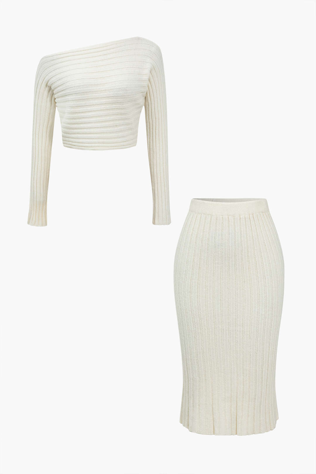 Basic Solid Knit Long Sleeve Bodycon Skirt Set