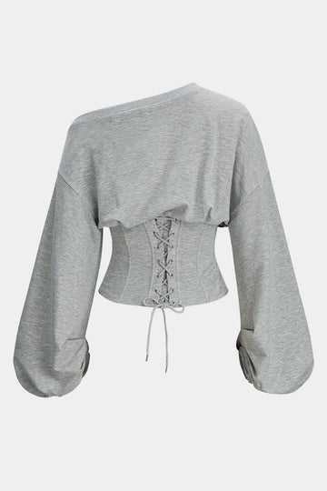 Tie-Back Asymmetrical Shoulder Corset Waist Sweatshirt
