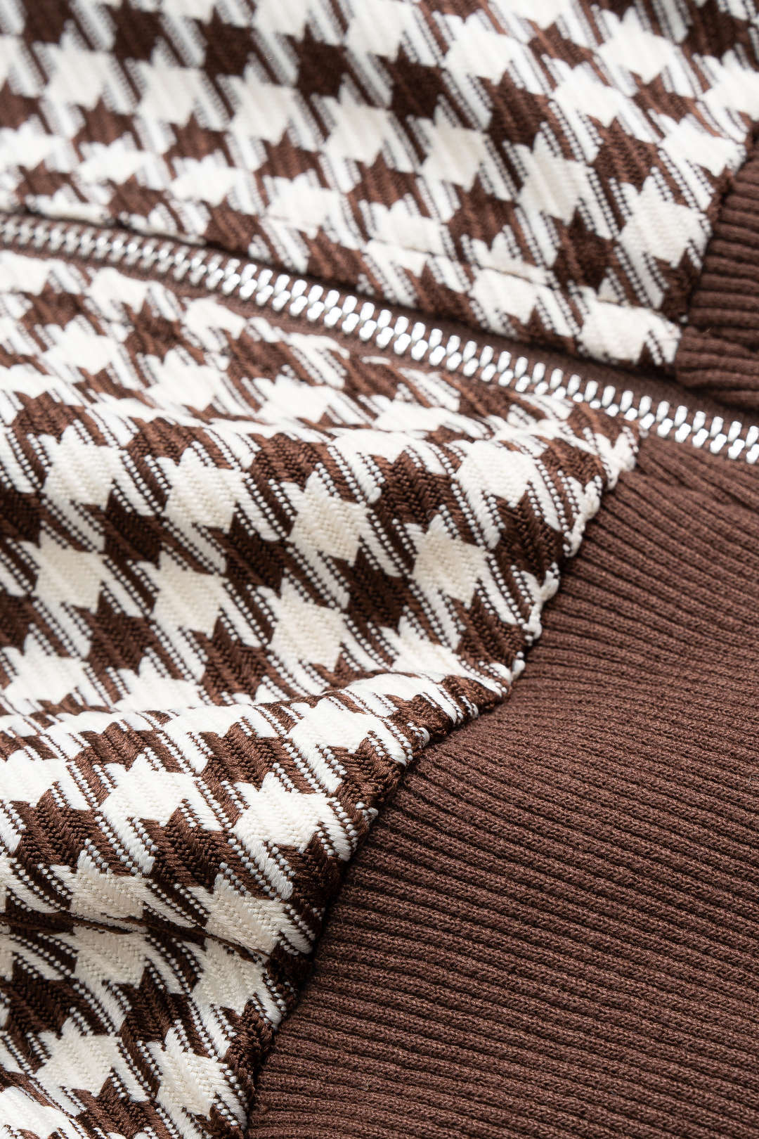 Houndstooth Print Patchwork Zipper Jacket