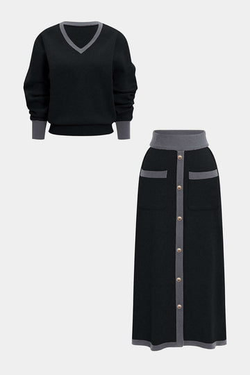 Knit Contrast V-Neck Long-Sleeve Top And Button Skirt Set