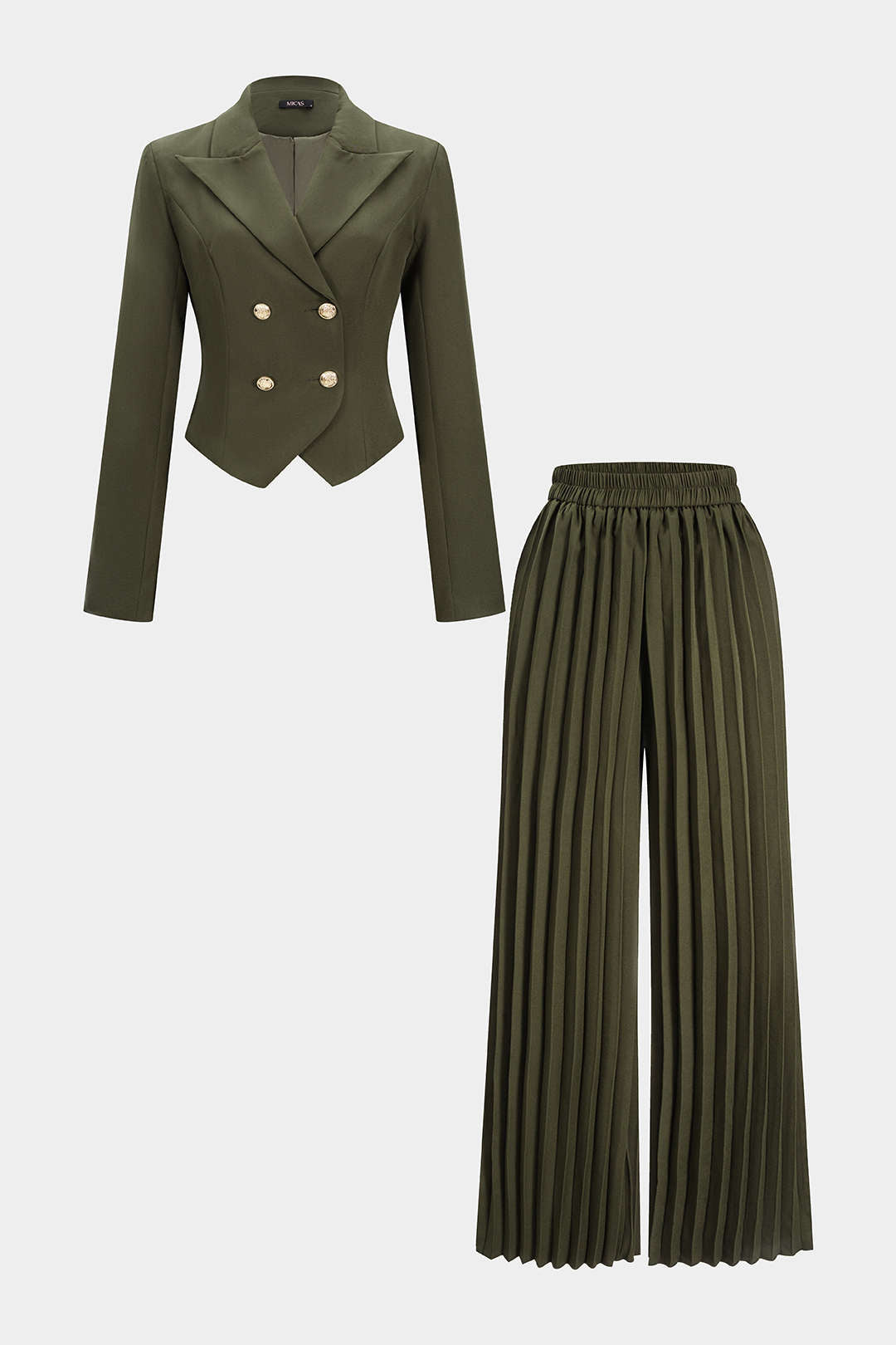 Notched Lapel Button Long-Sleeve Top And Pleated Trousers Set
