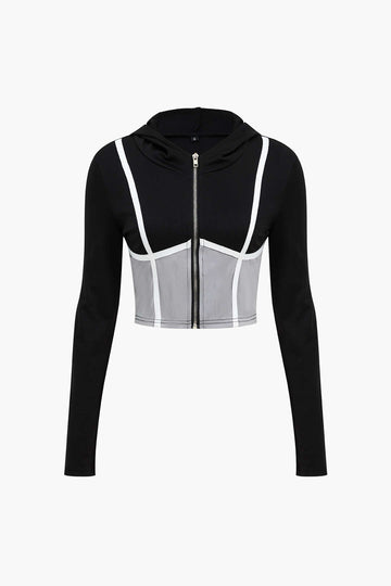 Colorblock Zip-Up Crop-jakke med hætte og leggings med høj talje