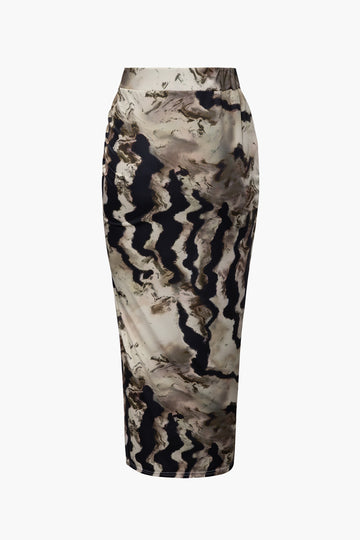 Abstract Print Drawstring Long Sleeve Top And Split Skirt Set