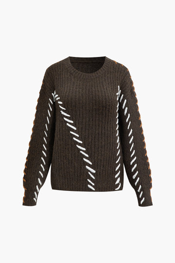 Contrast Whipstitching Pullover Long Sleeve Sweater
